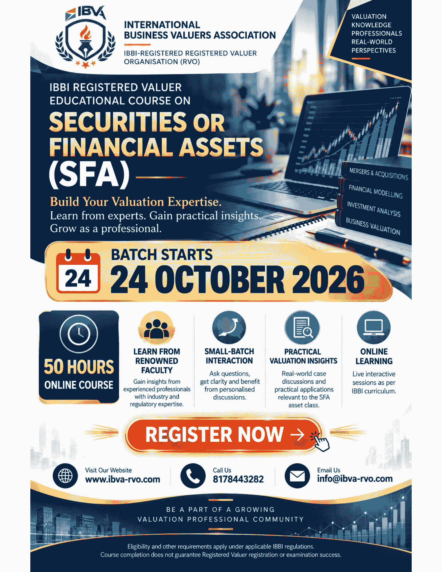 IBVA Securities or Financial Assets course. 50 hours online. Batch starts 24 October 2026. Click to register.